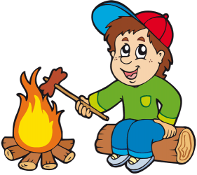 Joven excursionista con una salchicha en el fuego Juego