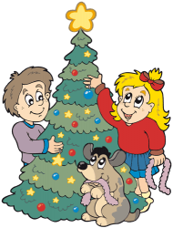 Los niños y un perro decoran el árbol de Navidad Juego