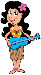Mujer de Hawai tocando el ukelele. Hawaiana Juego