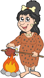 Mujer prehistórica cocinando carne en el fuego Juego