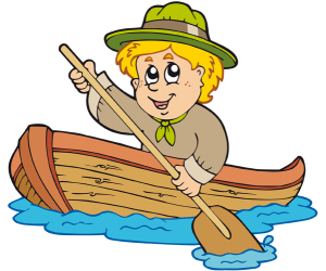 Boy scout en un bote de madera con remo Juego