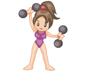 Mujer joven en un ejercicio con pesas pequeñas Juego