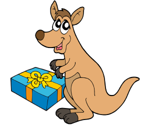 Un canguro feliz con su regalo de Navidad Juego